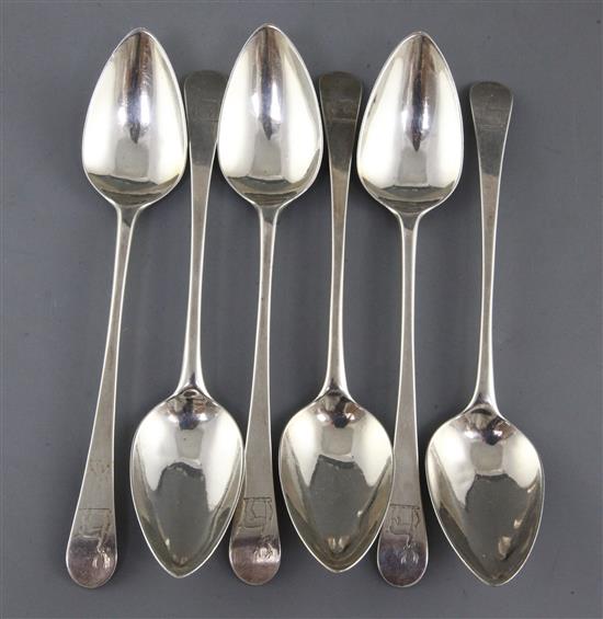 A set of six George III provincial silver Old English pattern dessert spoons by John Langlands II, 5.5 oz.